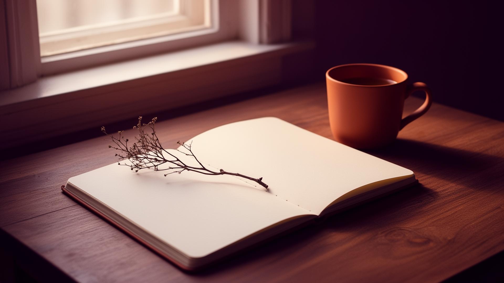 Caderno aberto em luz contemplativa