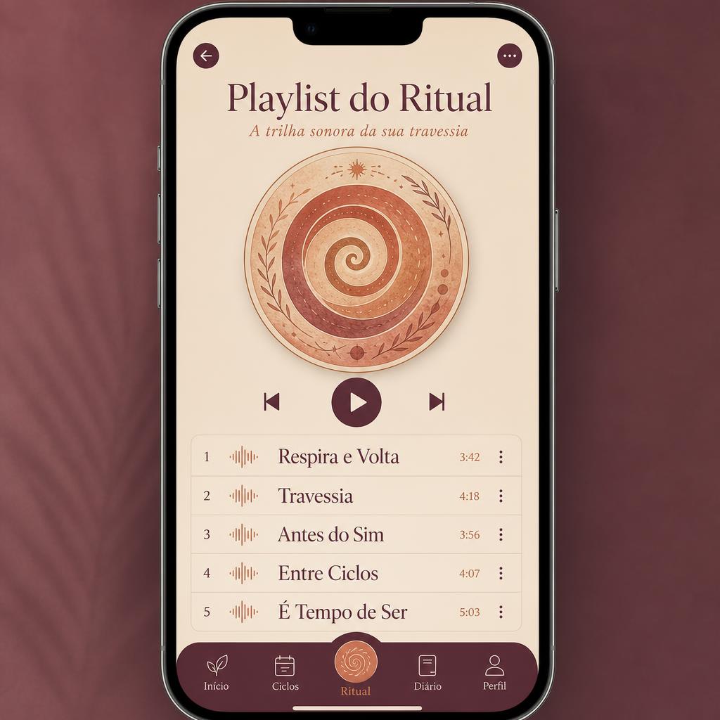 Tela 'Playlist do Ritual' do app com cover circular e faixas
