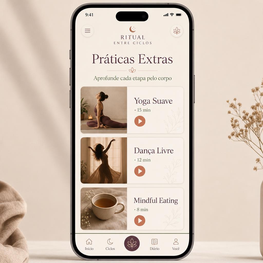 Tela 'Práticas Extras' do app com Yoga, Dança e Mindful Eating